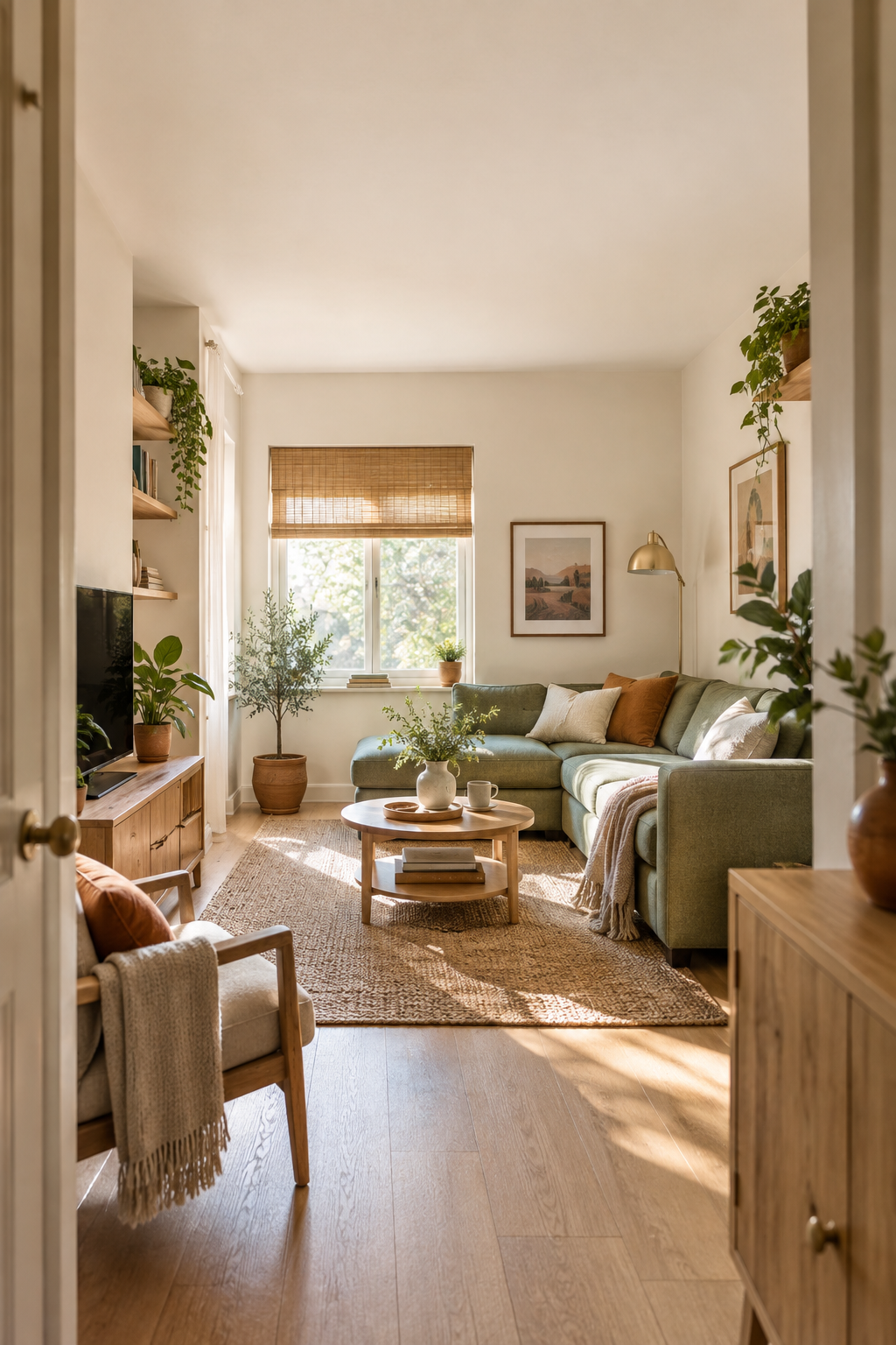 Illustrative small living room with a clear route from its doorway